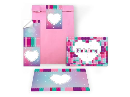 Limonia 12 Einladungskarten zum Kindergeburtstag Einladung Set Geburtstag Mädchen Bausteine Bauklötzchen bunt lila rosa Geschenktüte Mitgebsel inkl. 12 Umschläge, 12 Tüten, 12 Aufkleber von Limonia