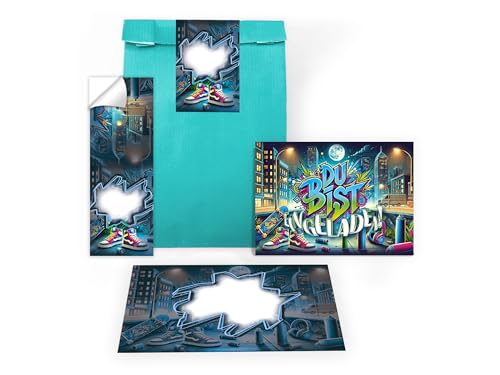 Limonia 12 Einladungskarten zum Kindergeburtstag Graffiti Street Art Party Einladung Set Geburtstag Mädchen Kinder Jungs Jungen Geschenktüte inkl. 12 Umschläge, 12 Tüten, 12 Aufkleber Modern von Limonia