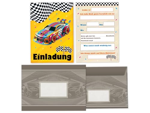 Limonia 12x Einladungskarten mit Umschläge zum Kindergeburtstag Auto Rennauto - Geburtstagseinladung Coole Autos & Rennwagen Motive, Einladung für Autofans - Fun Racer von Limonia