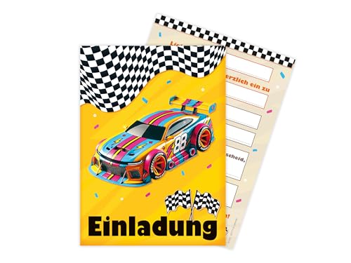 Limonia 12x Einladungskarten zum Kindergeburtstag Auto Rennauto - Geburtstagseinladung Unisex Coole Autos & Rennwagen Motive, Einladung für Autofans - Fun Racer von Limonia