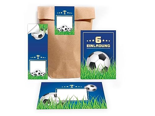 Limonia 6 Einladungskarten Fußball zum 6. Kindergeburtstag Einladung Geburtstag Mädchen Kinder Jungs Jungen Boys Fussball Turnier incl. 6 Umschläge, 6 Tüten, 6 Aufkleber blau von Limonia