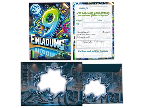 Limonia 6 Einladungskarten inkl. 6 Umschläge zum 9. Kindergeburtstag Graffiti Street Art Motto-Party Einladung Set Geburtstag Mädchen Kinder Jungs Jungen Boys Teenies von Limonia