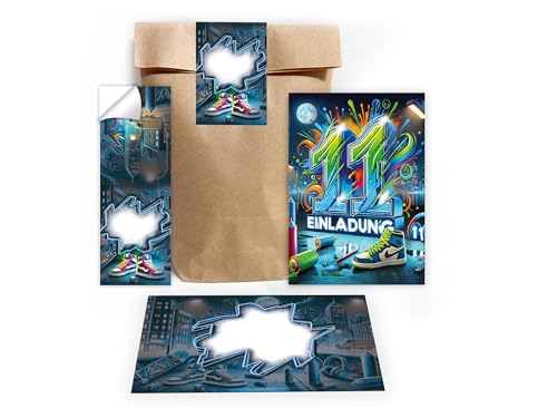 Limonia 6 Einladungskarten zum 11. Kindergeburtstag Graffiti Street Art Einladung Geburtstag Mädchen Kinder Jungs Jungen Boys Geschenktüte Set inkl. 6 Umschläge, 6 Tüten, 6 Aufkleber von Limonia