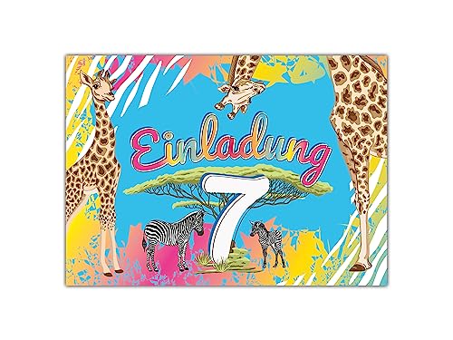 Limonia 6 Einladungskarten zum 7. Geburtstag Einladung Kindergeburtstag Karten Mädchen Jungen Safari Giraffe Zebra Pferd Sahara von Limonia