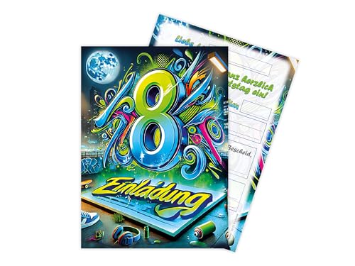 Limonia 6 Einladungskarten zum 8. Kindergeburtstag Motto-Party Feier Fest Einladung Set Geburtstag Mädchen Kinder Jungs Jungen Boys Teenies Graffiti Street Art von Limonia