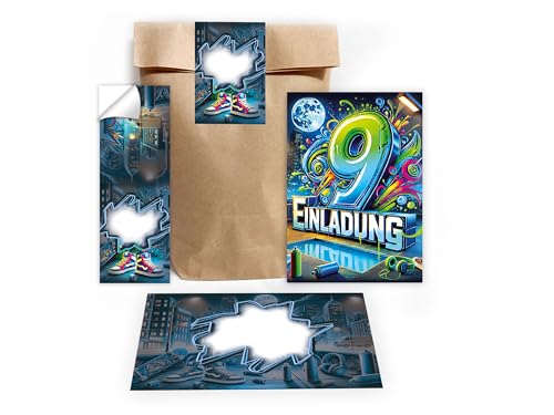 Limonia 6 Einladungskarten zum 9. Kindergeburtstag Graffiti Street Art Einladung Geburtstag Mädchen Kinder Jungs Jungen Boys Geschenktüte Set inkl. 6 Umschläge, 6 Tüten, 6 Aufkleber von Limonia