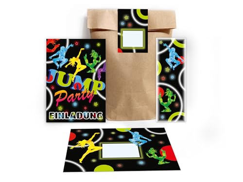 Limonia 6 Einladungskarten zum Kindergeburtstag Einladung Geburtstag Mädchen Kinder Jungs Gastgeschenk inkl. 6 Umschläge, 6 Tüten, 6 Aufkleber, 6 Lesezeichen Disco Jump Party Trampolin von Limonia