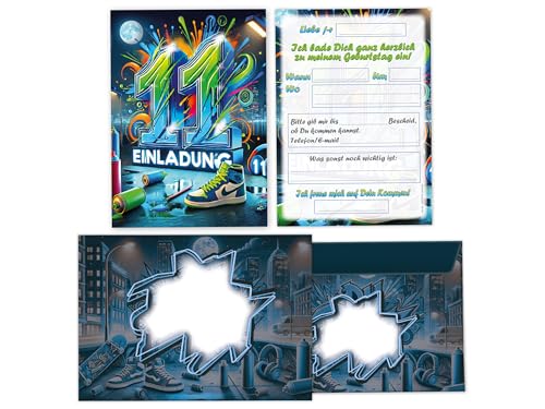 Limonia 8 Einladungskarten inkl. 8 Umschläge zum 11. Kindergeburtstag Graffiti Street Art Motto-Party Party Einladung Set Geburtstag Mädchen Kinder Jungs Jungen Boys Teenies von Limonia