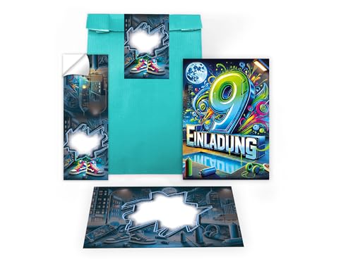 Limonia 8 Einladungskarten zum 9. Kindergeburtstag Graffiti Street Art Party Einladung Set Geburtstag Mädchen Kinder Jungs Jungen Boys Geschenktüte inkl. 8 Umschläge, 8 Tüten, 8 Aufkleber von Limonia