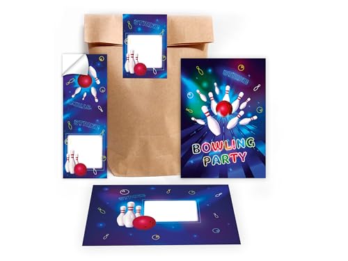 Limonia 8 Einladungskarten zum Kindergeburtstag Motto Bowling neon Einladung Geburtstag Mädchen Kinder Jungs Jungen Boys Geschenktüte Set inkl. 8 Umschläge, 8 Tüten, 8 Aufkleber von Limonia