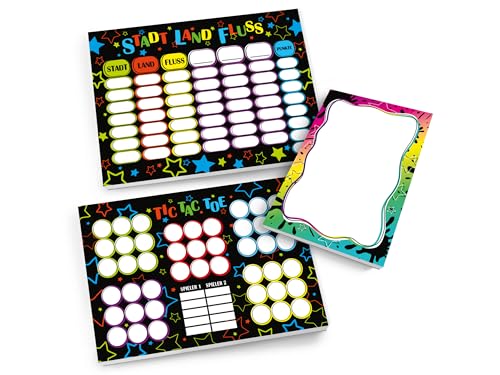 Set 1 Tic Tac Toe + 1 Stadt Land Fluss + 1 Mini-Notizblock je 25 Blätter Papierspiel Mitgebsel Mitbringsel Gastgeschenk zum Kindergeburtstag Fest Motto-Party Reise Teenies Mädels Jungs neon Sterne von Limonia