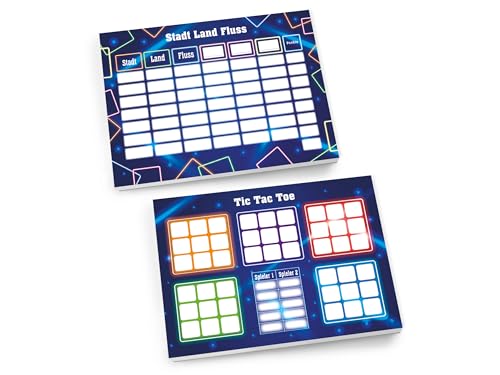 Set 1 Tic Tac Toe + 1 Stadt Land Fluss je 25 Blätter Papierspiel Mitgebsel Mitbringsel Gastgeschenk zum Kindergeburtstag Fest Motto-Party Reise Teens Mädchen Kindergarten Schule Neon Licht Laser von Limonia