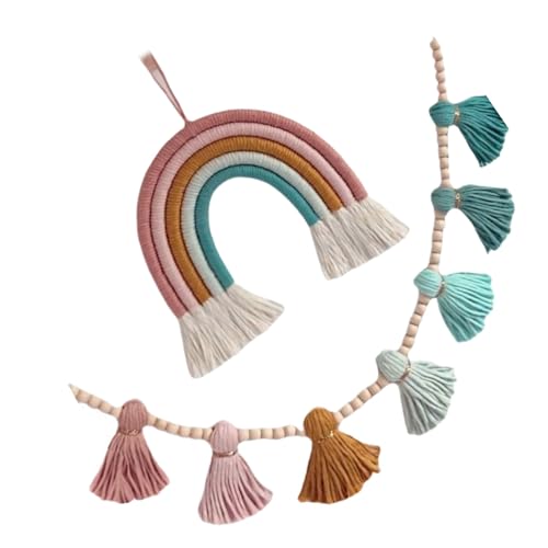 Limtula Regenbogen-Wandbehang, 2er-Set mit natürlichen Holzperlen und Quasten, für Zuhause, Kinderzimmer, Dekoration von Limtula