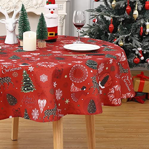 LinTimes Rot Tischdecke Weihnachtstischdecke Rund Wasserabweisend Tischdecken Schneeflocke Weihnachten Tischdekorationen für Urlaub Weihnachten Party, 152 x 152 cm, Weihnachtshirsch von LinTimes