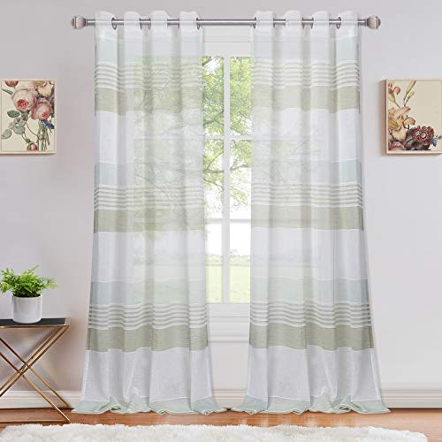 LinTimes Voile Sheer Vorhang mit Ösen Fenster Vorhänge für Schlafzimmer, Streifen Muster halb transparente Gardine Wohnzimmer, 2er Set,132 * 213cm, Grün von LinTimes