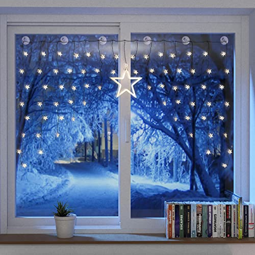 Linder-Exclusiv Weihnacht Sternenvorhang Lichterkette Fensterdeko 90 LED warm weiß mit Saugnäpfe Einfach zu montieren von Linder-Exclusiv