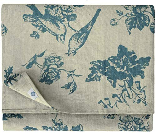 Linen & Cotton Hochwertige Tischdecke Stoff Tischtuch Tischwäsche Flores mit Blumen Motiv - 100% Leinen, Beige Blau (140 x 220 cm) Vintage Rechteckig für Home Küche Wohnzimmer Dekoration von Linen & Cotton