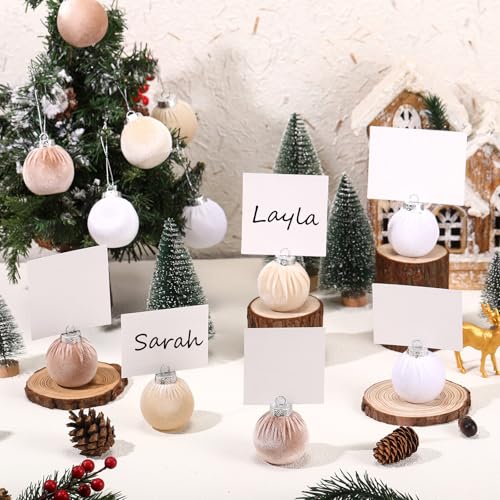 Lineshading 12 Stück Weihnachts-Samtkugel-Baum-Hängeornamente, Platzkartenhalter, Großpackung, 5,1 cm, kleine Glas-Tischnummernhalter, Namenskartenhalter, Samtkugeln für Weihnachtsfeier (Vanille, von Lineshading