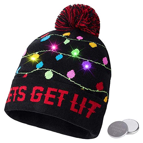 DITK-U Unisex Hässliche LED Weihnachtsmütze Helle Farbe Strickwaren Weihnachtsmann Pullover Weihnachten Party Hut mit 6 Lichtern, Stil 1, 5 von DITK-U