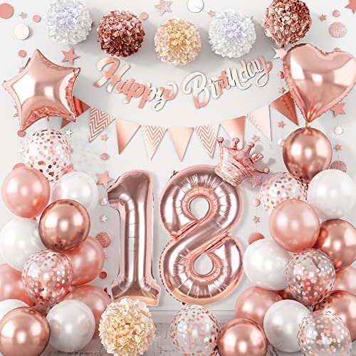 18. Geburtstag Mädchen Deko, Roségold Konfetti Zahl 18 Geburtstag Party Ballons mit Krone Herz Stern Folienballons Papier Pompons Happy Birthday Geburtstag Girlande Banner für 18 Jahre Geburtstagsdeko von Lingqiang