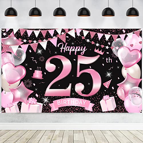 25. Geburtstag Deko, Schwarz Roségold 25. Geburtstag Banner Hintergrund für Frau, Extra Große 25 Jahr Geburtstag Schild Poster für 25. Geburtstag Party Tisch Wand Dekoration Zubehör, 185 x 110 cm von Lingqiang