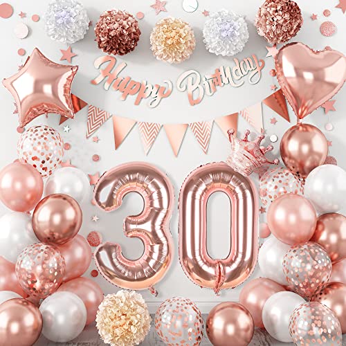 30 Geburtstag Deko Frauen, Luftballon 30. Geburtstag Roségold Konfetti Weiß, Happy Birthday Girlande Banner Wimpelgirlande mit Pom Poms für 30 Jahre Frau Geburtstagsdeko Party Geschenk Dekoration von Lingqiang