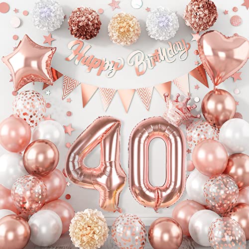 40 Geburtstag Frauen Deko, Roségold Konfetti Luftballon 40. Geburtstagsdeko mit Happy Birthday Girlande Banner Wimpelkette Runde Papier Girlande Pompons für 40 Jahr Frau Geburtstagsgeschenk Dekoration von Lingqiang