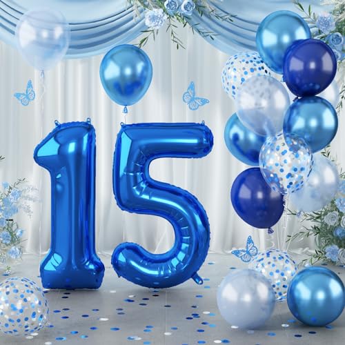 40'' Luftballon 15. Geburtstag Navy Blau, XXL Marineblau Folienballon Zahl 15 Silber Konfetti Ballon, Zahlen 15 Geburtstagsdeko Hellblau Ballon Zahl für Junge 15 Jubiläum Party Deko, Fliegt mit Helium von Lingqiang