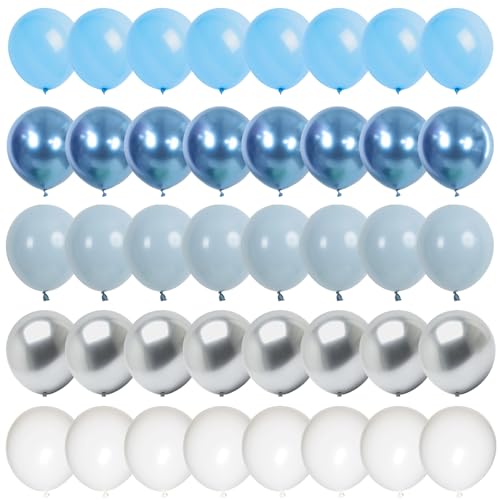 60 Stück Luftballons Blau Silber Set, 12 Zoll Dusty Hell Blau Staubige Blaue Weiß Latex Ballons mit Metallic Silber Party Deko für Jungen Babyparty Taufe Winter Hochzeit Geburtstag Party Dekoration von Lingqiang