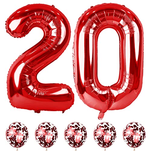 Folienballon Zahl 20 Rot, Riesen 40" Luftballon 20. Geburtstag mit Rot Konfetti Ballons, Zahlen 20 Luftballons für Mädchen Junge 20 Jahre Geburtstagsdeko Jubiläum Party Deko, Fliegt mit Helium von Lingqiang