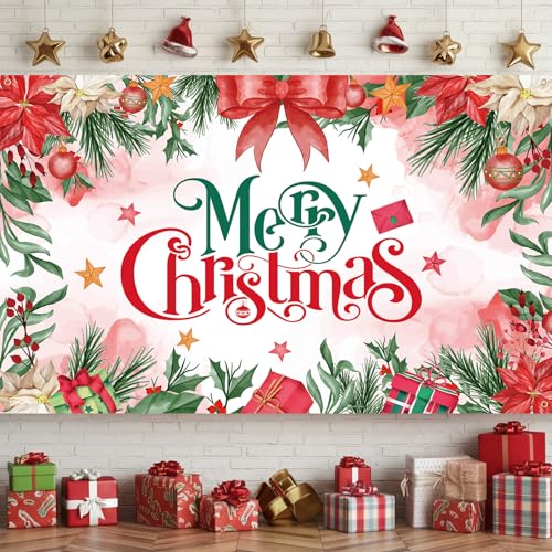 Frohe Weihnachten Banner, Aquarell Rot Weihnachtsdeko Banner Outdoor mit Weihnachtsstern Blumen Geschenk Muster, Weihnachts Deko Merry Christmas Banner für Außen Wand Party Dekoration, 72,8 x 43 Zoll von Lingqiang