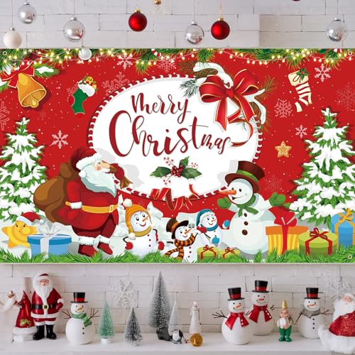 Frohe Weihnachten Banner Deko, Großes Rot Weihnachtsdeko mit Weihnachtsmann Schneemann Weihnachtsbaum hängendem Christmas Hintergrund Schild für den Outdoor Indoor Wand Hof Weihnachts Party Dekoration von Lingqiang