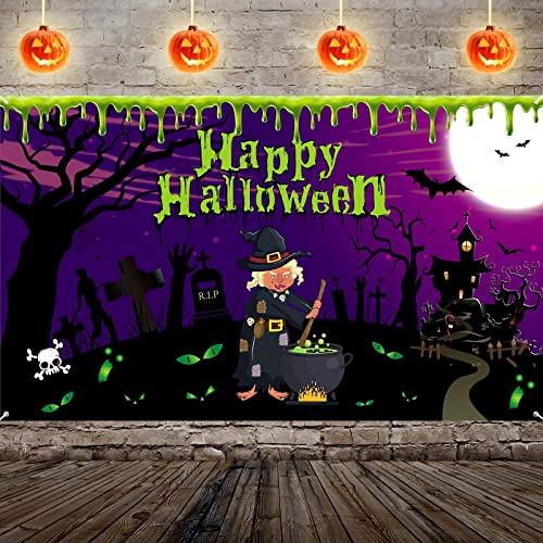 Halloween Banner Party Deko, Halloween Party Dekoration, Großer Stoff Halloween Hintergrund, Hexengrab Schloss Banner Schild Poster Lila Wand Dekoration für Outdoor Indoor Halloween Party, 185x110 cm von Lingqiang