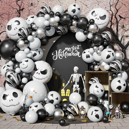 Halloween Deko Ballon Girlande Set mit Totenkopf Folienballons, 108 Stück Schwarz Achat Weiß Silber Metallic Luftballons Girlande mit Geist Gesicht Druck Ballons für Kinder Halloween Party Dekoration von Lingqiang