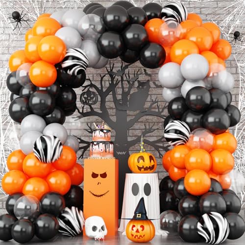 Halloween Deko Luftballon Girlande Set, Matt Schwarz Orange Grau Schwarz Marmor Achat Latexballons mit transparenter Helium Ballon Girlande für Halloween Geburtstagsparty Haus Garten Hof Dekoration von Lingqiang