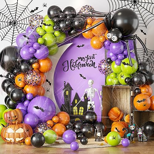 Halloween Deko Luftballon Girlande mit Spinnen DIY Ballons, 131 Stück Schwarz Orange Lila Grün Konfetti Latex Ballongirlande Set mit 3D Fledermaus & Spinnennetz für Halloween Party Outdoor Dekoration von Lingqiang