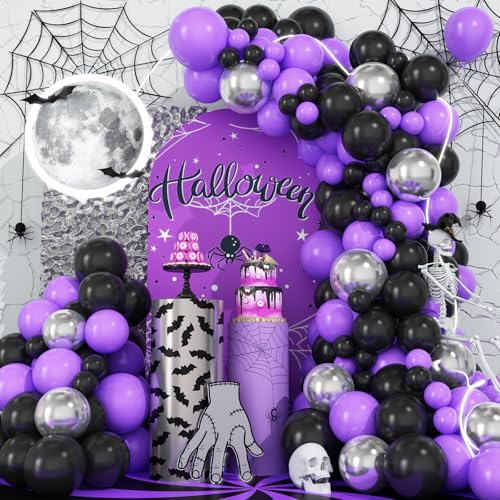 Halloween Luftballon Girlande, Schwarz Lila Silber Metallic Latex Ballon Girlande Halloween Party Deko Set für Kinder Halloween Thema Geburtstag Süßes oder Saures Abschluss Hochzeit Party Dekorationen von Lingqiang