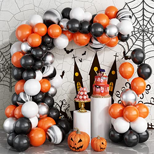 Halloween Luftballon Girlande Kit, Schwarz Orange Weiß Metallic Silber mit Achat Ballon, Halloween Party Deko Ballon Girlande Set für Kinder Halloween Thema Geburtstag Party Dekoration Zubehör von Lingqiang