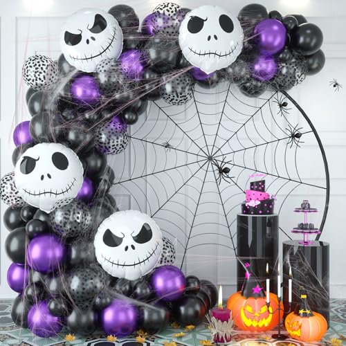 Halloween Party Deko Ballon Girlande, 101 Stück Metallic Lila und Schwarz Konfetti Latex Luftballon Girlanden Set mit großen Totenkopf Folienballons für Kinder Halloween Garten Party Dekoration von Lingqiang