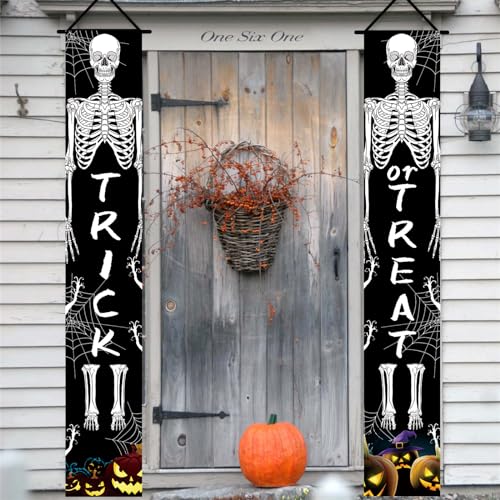 Halloween Trick or Treat Tür Banner, Halloween Totenkopf Party Deko Türbanner, Halloween Türdeko, Halloween Willkommens Veranda Schild für Tor Garten Haustür Zuhause Outdoor Halloween Party Dekoration von Lingqiang