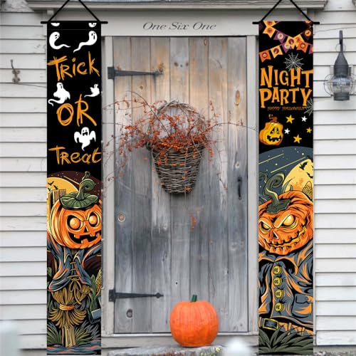 Halloween Tür Banner, Trick or Treat Veranda Schild Banner, Schwarz Kürbis Vogelscheuche Türdeko Hänge Banner, Halloween Türbanner Deko für Zuhause Outdoor Garten Willkommen Halloween Party Dekoration von Lingqiang