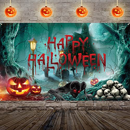 Happy Halloween Hintergrund Banner, Grün Stoff Halloween Party Hintergrund Wand Deko, Kürbis Fledermäuse Friedhof Skelett Schloss Mond Gruselig Poster Schild für Horror Halloween Party Dekoration von Lingqiang