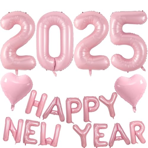 Happy New Year Deko 2025 Ballons, Pastell Rosa Silvester Deko 2025 Party Set mit Herzballons, Hell Rosa Luftballons Zahl 2025 Helium Zahlen Folienballons für Mädchen Frau Neujahr Party Dekoration von Lingqiang