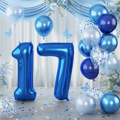 Luftballon 17. Geburtstag, 40'' Folienballon Zahl 17 Navy Blau, Groß Zahlen 17 Ballon mit Metallic Silber Konfetti Helium Ballon Geburtstagsdeko für Herren, Dunkelblau Zahlenballon Jubiläum Party Deko von Lingqiang