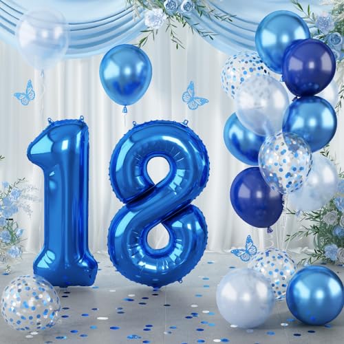 Luftballon 18. Geburtstag, 40 Zoll Folienballon Zahl 18 Navy Blau, Zahlen 18 Ballon mit Silber Konfetti Helium Ballon Geburtstagsdeko für Herren, Dunkelblau Luftballon Zahl 18 zum Jubiläum Party Deko von Lingqiang