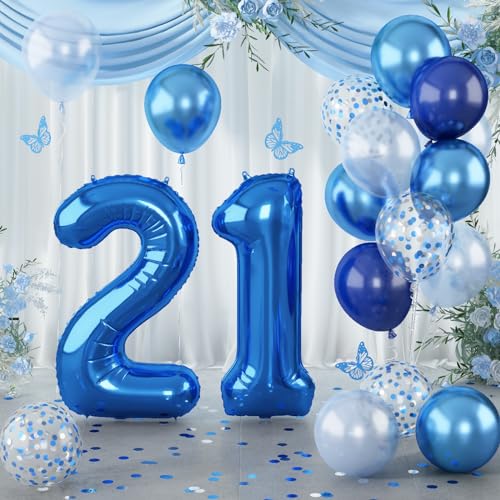 Luftballon Geburtstag Zahl 21 Dunkelblau, Riesen Folienballon Zahlen 21 mit Blau Silber Konfetti Ballon, 40'' Helium 21 Geburtstagsdeko Metallic Marineblau Ballon für Herren 21. Geburtstag Party Deko von Lingqiang