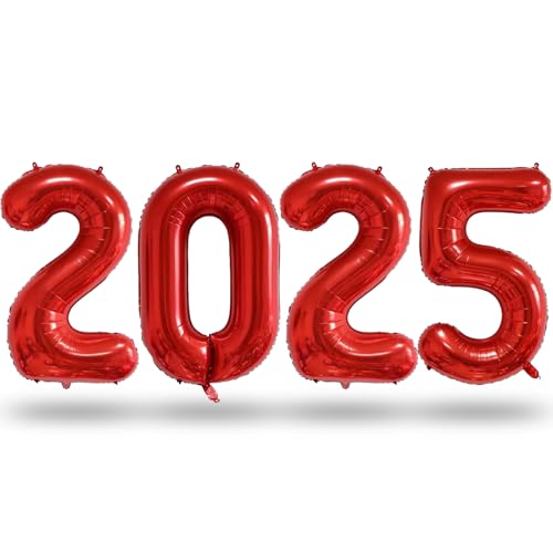 Silvester Deko 2025 Party Set, 40 Zoll Riesige Rot Zahlen 2025 Folienballons, Zahlen 2025 Helium Ballons Neujahr Luftballons Deko für Mann Frau Abschluss Abschlussball Weihnachten Party Dekoration von Lingqiang