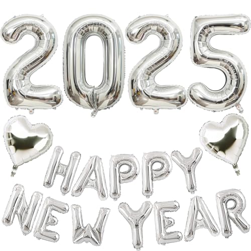 Silvester Deko 2025 Party Set, Silber Zahl 2025 Folienballons Happy New Year Helium Ballon Girlande mit Herz Luftballons, Silber Silvester 2025 Party Luftballons Set für Neujahr Party Dekoration von Lingqiang