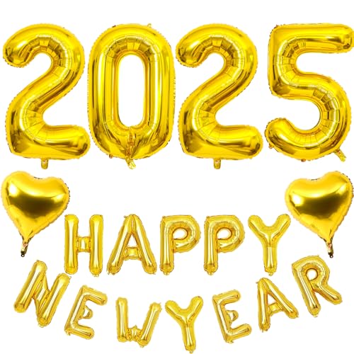 Silvester Deko 2025 Luftballons, 32 Zoll Gold Happy New Year Folienballons Girlande Zahl 2025 Helium Ballons mit Herzballons, Silvester Deko 2025 Party Set für Neujahr Abschluss Party Dekoration von Lingqiang