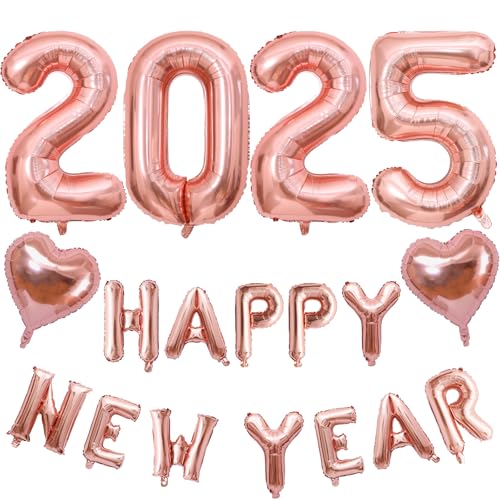 Silvester Deko 2025 Party Ballon Set, Rosegold 32" Zahl 2025 Folienballons Happy New Year Girlande Luftballons mit Herz Heliumballons für Frau Mädchen Abschlussball Neujahr Feier Party Dekoration von Lingqiang